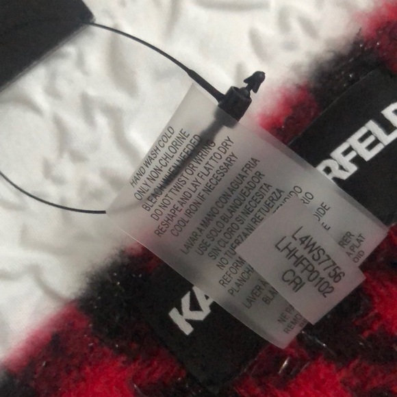 Karl Lagerfeld Crimson & Black Plaid Rectangular Scarf Eiffel Tower Patch NWT - Picture 8 of 16